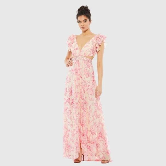 NWT MAC DUGGAL 9161PINK Floral Ruffle Shoulder Empire Waist Lace up Back sz 8 - Picture 2 of 13
